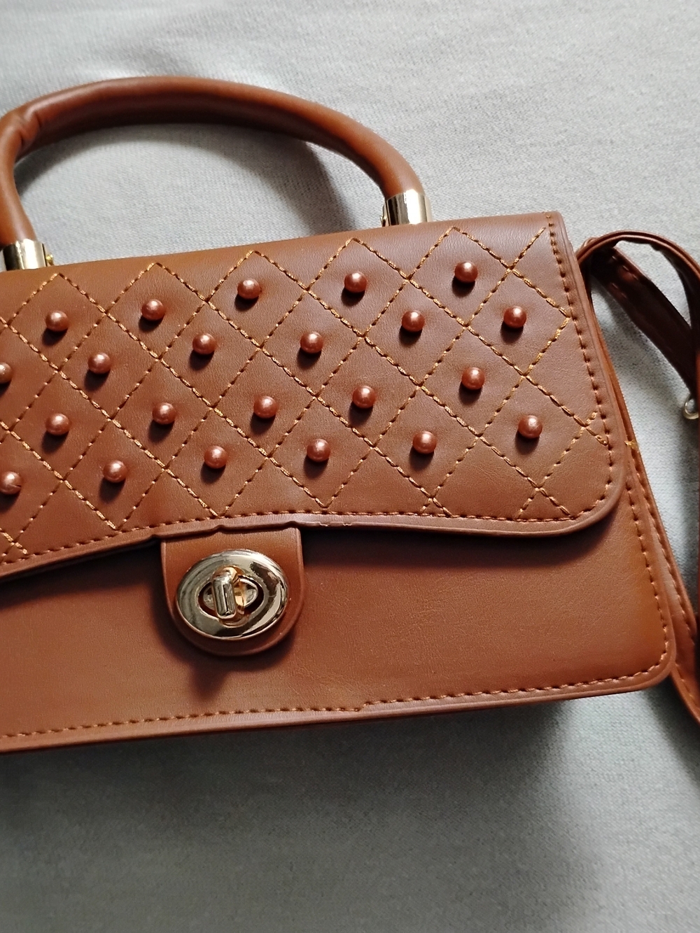 Brown Quilted Stud Top-Handle Crossbody Bag